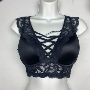 LS BLK Lace and Back Collared Bra,32D.  *P1032